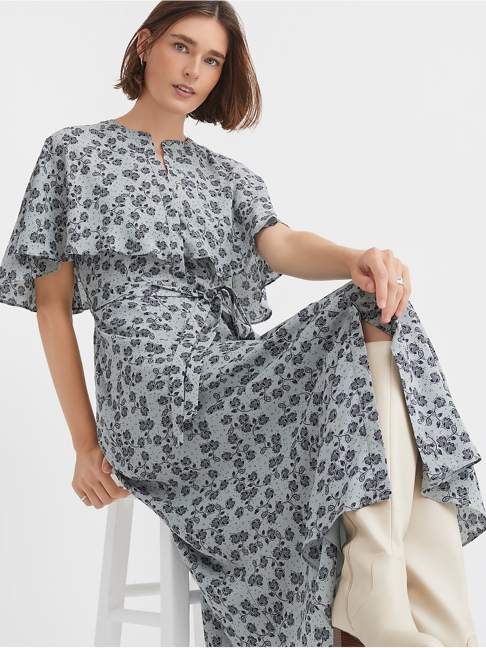 Loft Floral Cape Dress Light Smokey Blue Flowy Maxi Modest NWT Size 16